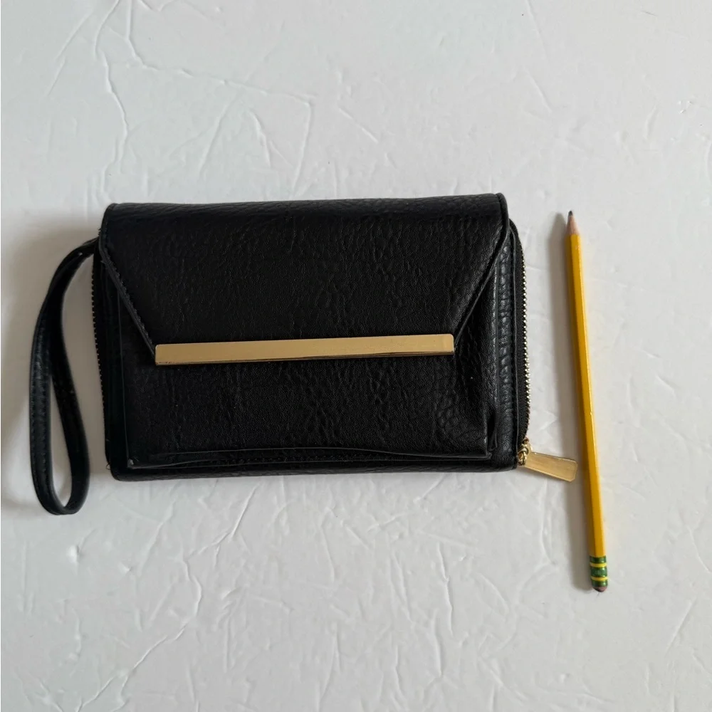 Black Leather Modern Wristlet Clutch Purse